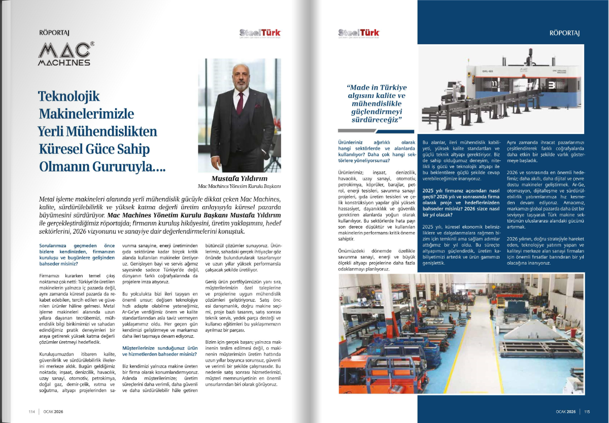 Mac Machines SteelTürk Dergisi Ocak 2026 Sayısında Yer Aldı